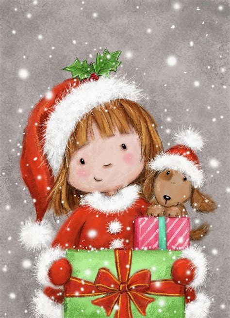 Girl Mixed Media Christmas Girl With Presents By Makiko Christmas