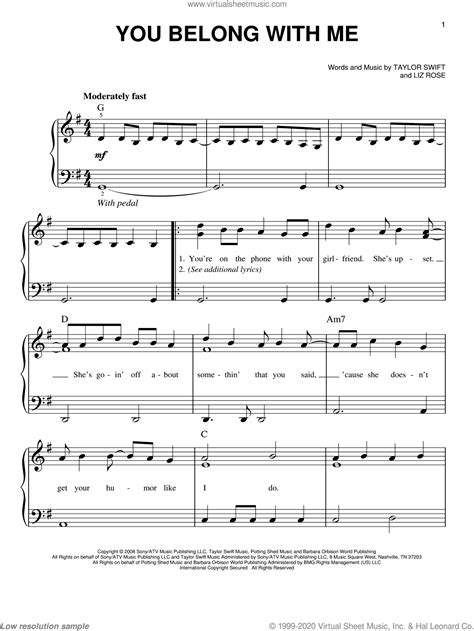 Swift You Belong With Me Sheet Music For Piano Solo Pdf