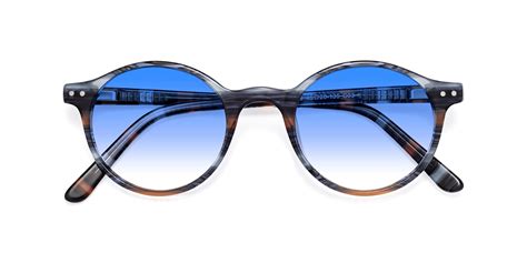 stripe blue brown narrow acetate round gradient sunglasses with blue sunwear lenses 17519