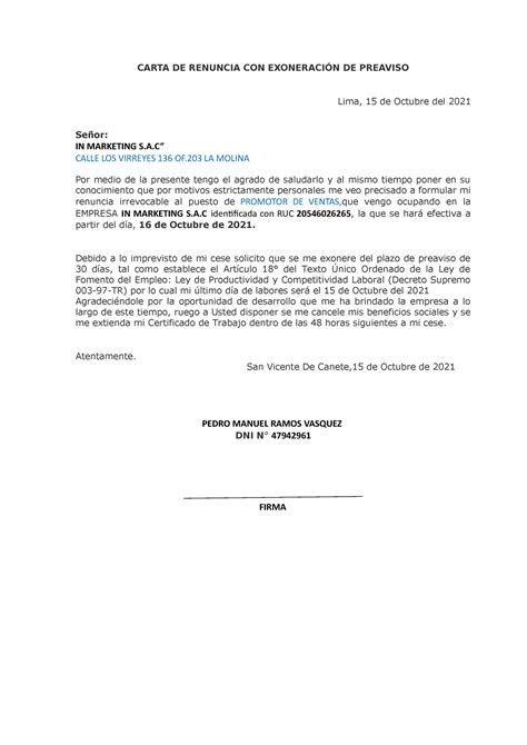 Carta De Renuncia Con Exoneración De Preaviso 02 Derecho Rimano Studocu
