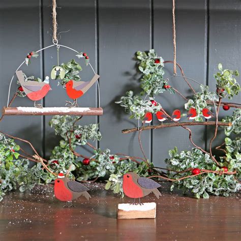 Five Christmas Robins On Branch Hanging Decoration By Red Berry Apple