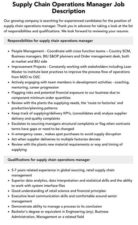 Supply Chain Operations Manager Job Description Velvet Jobs