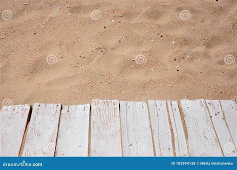 Empty Wooden Walking Path On The Sea Coast Sandy Tropical Beach