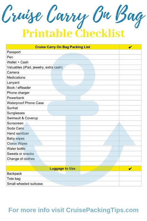 Cruise Carry On Checklist Printable | Carnival cruise tips, Cruise tips