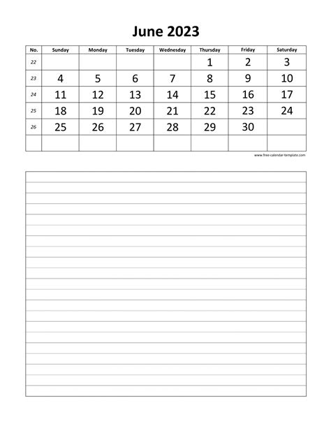 Printable 2023 June Calendar Grid Lines For Daily Notes Vertical