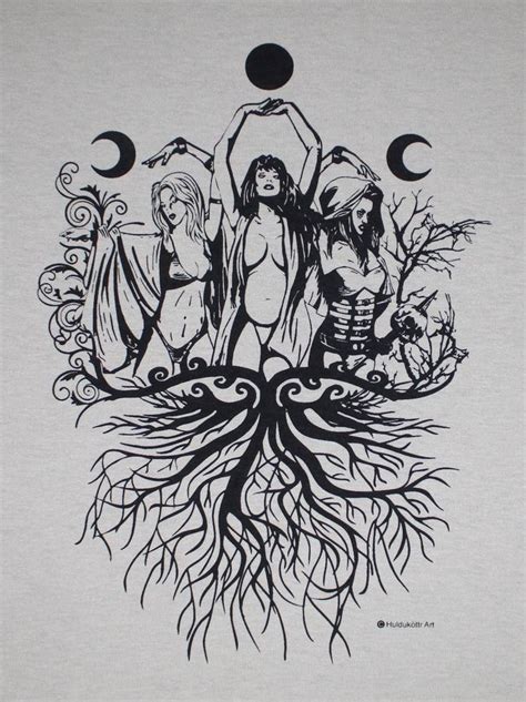 A T Shirt With An Image Of Two Women And Trees On The Front In Black Ink