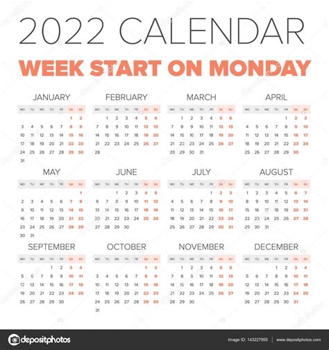 Simple 2022 Year Calendar Stock Vector By ©123sasha 143227955