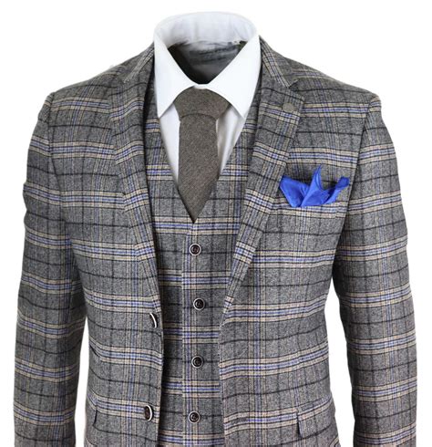 Mens Grey 3 Piece Tweed Check Suit Buy Online Happy Gentleman