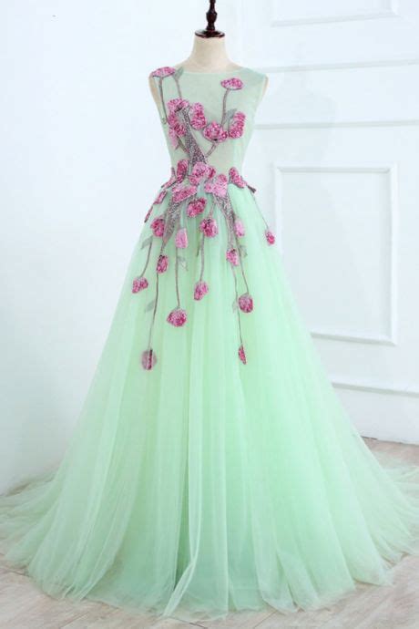 Light Green Tulle Long Embroidery Evening Dress Open Back Prom Dress
