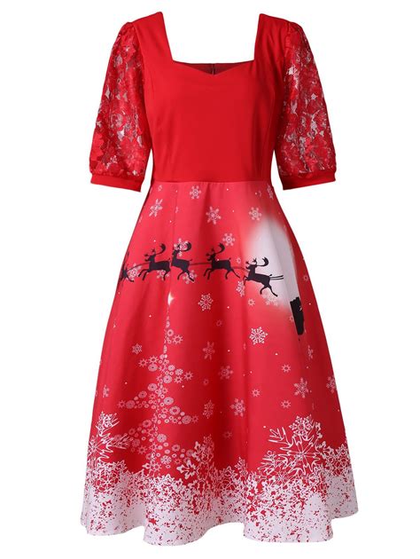 Wholesale Plus Size Elk Snowflake Christmas Vintage Knee Length Dress