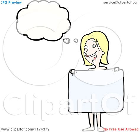 Cartoon Of A Nude Blonde Woman With A Sign And A Conversation Bubble
