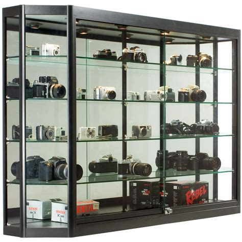 Glass Display Cabinet Illuminated Angled Front Locking Sliding Glass