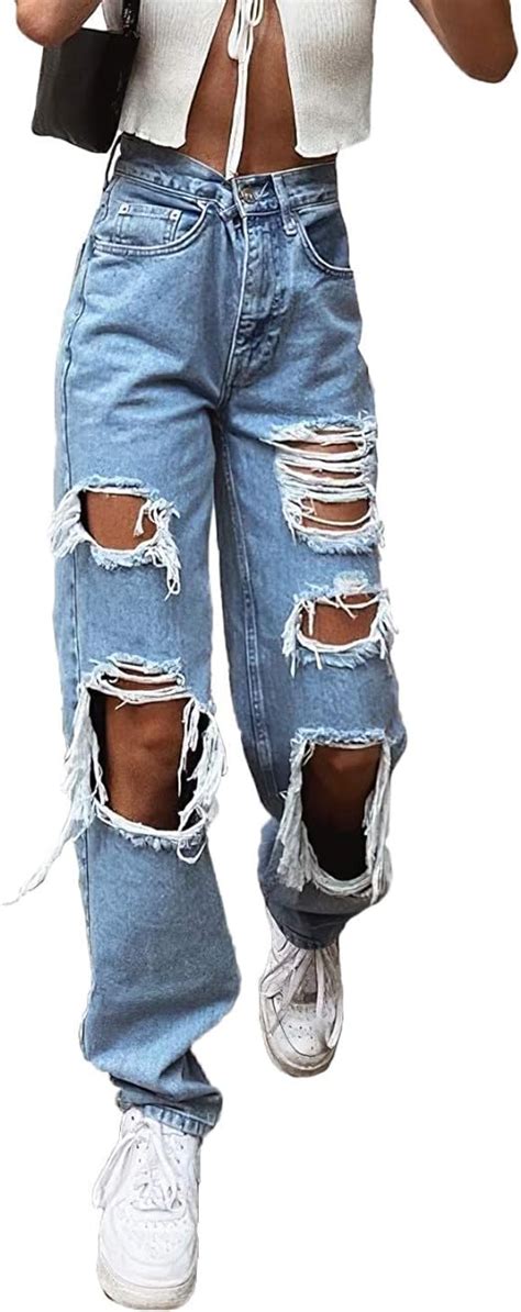 Buy Hypowell Women S Fashion Street Ripped High Waisted Jeans Casual Baggy Straight Leg Ripped