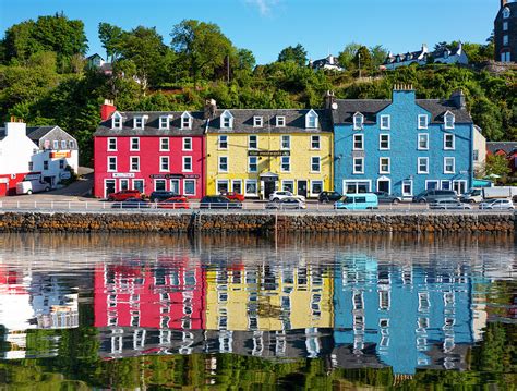 Aerial View From Drone Of Colourful Houses In Village Of Tobermory On