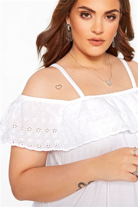 White Frill Broderie Anglaise Cold Shoulder Top Plus Sizes To