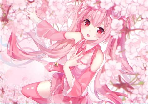 Wallpaper Hatsune Miku Pink Hair Sakura Blossom