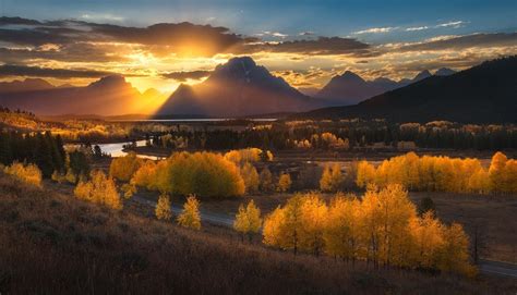 Nature Photography Landscape Sunset Mountains Sun Rays Forest