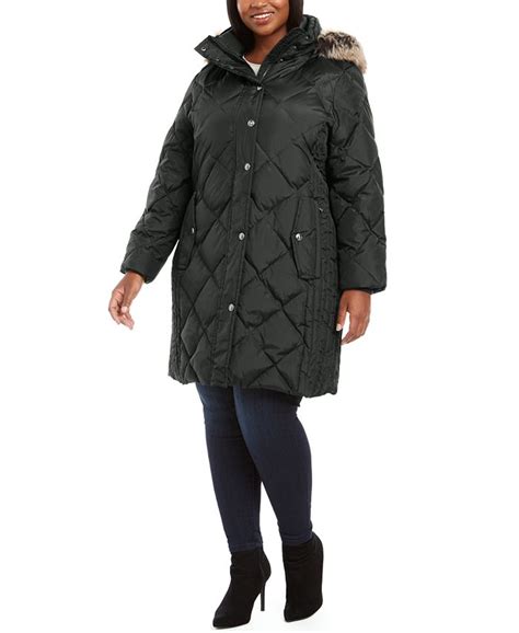 London Fog Plus Size Diamond Quilted Hooded Puffer Coat With Faux Fur
