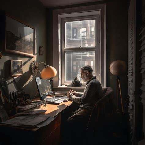 Premium Ai Image A Elderly Man Sits At A Desk In Front Of A Window