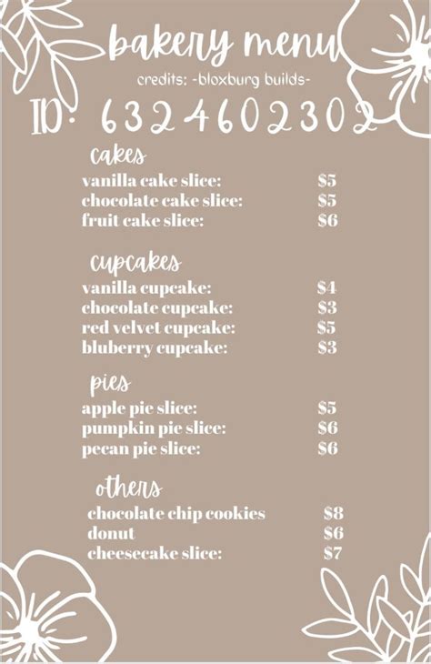 Bloxburg Bakery Menu Decals In 2022 Bloxburg Decals Codes Bloxburg