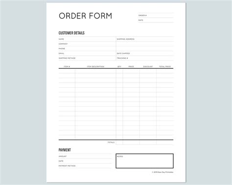 Small Business Order Form Printable Instant Download Etsy