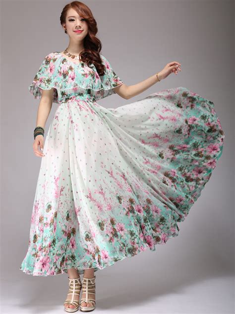 Floral Print Chiffon Scoop Neck Maxi Dress