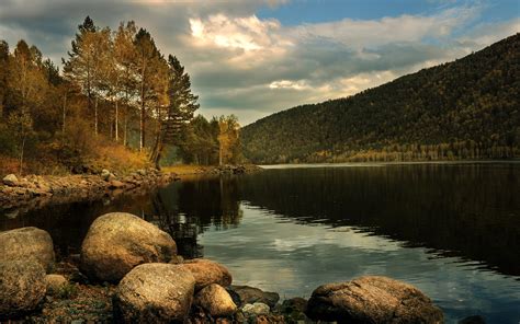 Picture Autumn Nature Mountain Lake Forest Scenery Stones 3840x2400
