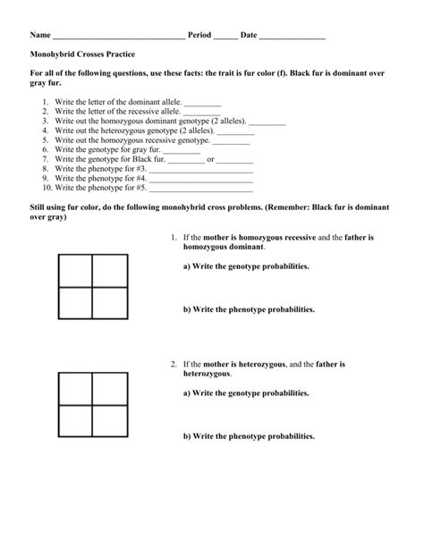 For each cross, give the genotypes and phenotypes of the offspring and the. Monohybrid Cross Problems 2 Worksheet With Answers | db ...