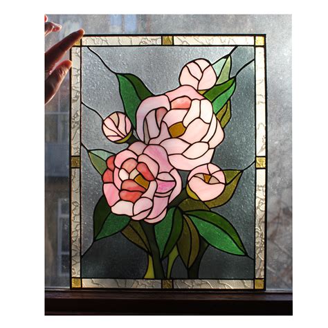 Peony Flower Stained Glass Panel Suncatcher Floral Decor Etsy