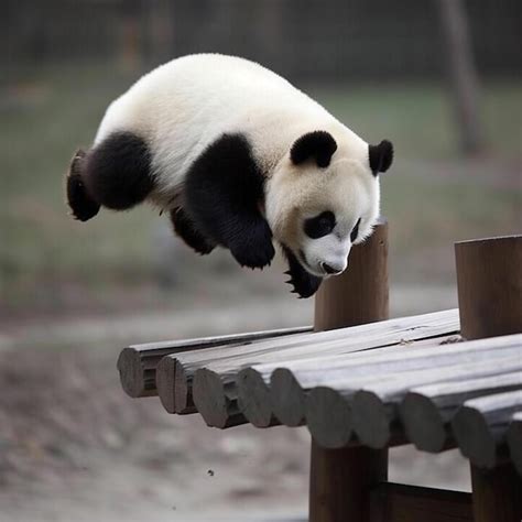 Premium Ai Image Panda Bear Jumping Over A Wooden Platform In A Zoo