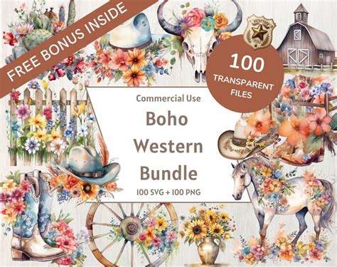 100 Boho Western Clip Art Bundle Cowgirl Clip Art Western Etsy