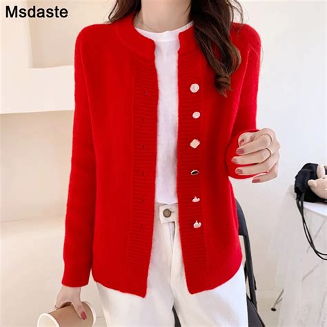 Women Cardigan Sweater Top Red White Knitted Sweater Coat Autumn Winter