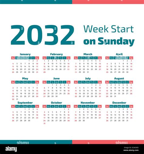 2032 Calendar With The Weeks Start On Sunday Stock Vector Image And Art