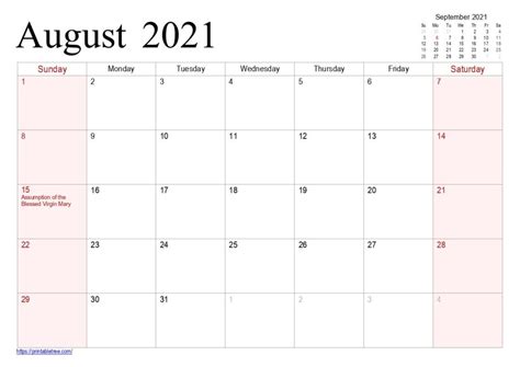 Federal Holidays 2021 Calendar Printable August