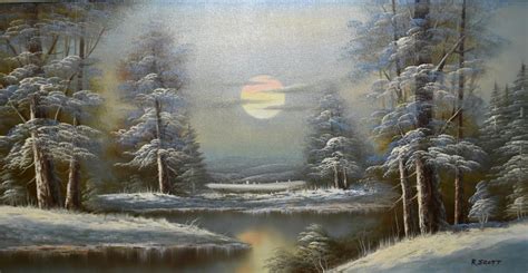 Framed Oil On Canvas Painting Of A Winter Scene In Moonlight Signed By