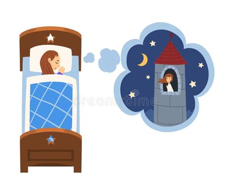 Cute Girl Sleeping In Bed And Dreaming About Princess Sitting In Castle