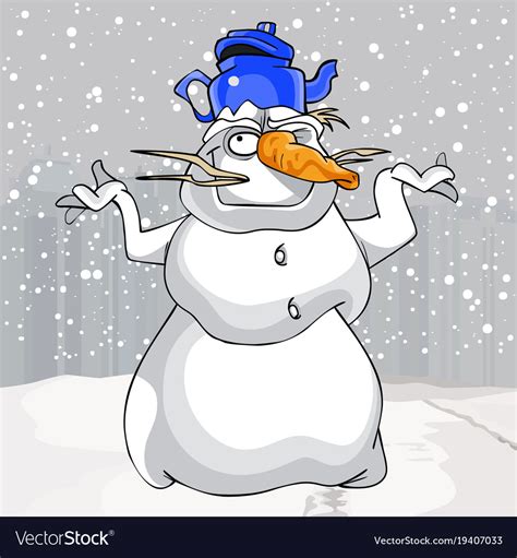 Cartoon Funny Snowman With Teapot On His Head Vector Image