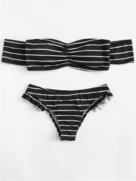 Off The Shoulder Striped Bikini Set Shein Sheinside Bikinis Striped Bikini Womens Swimwear