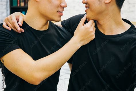 Two Beautiful Gay Male Couple Kissing With Each Other Close Up Of Gay Couple Perform Tender