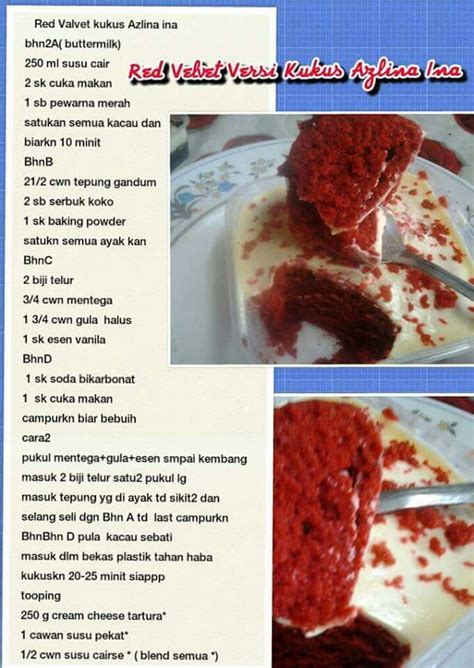 It's soft, moist and tender, with the perfect red velvet flavor! Step By Step Resepi kek red velvet cheese leleh kukus ...