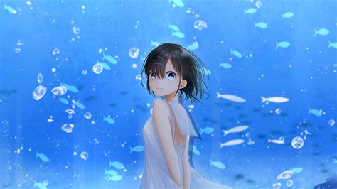 Download Wallpaper 3840x2160 Girl Smile Aquarium Fish Anime Art