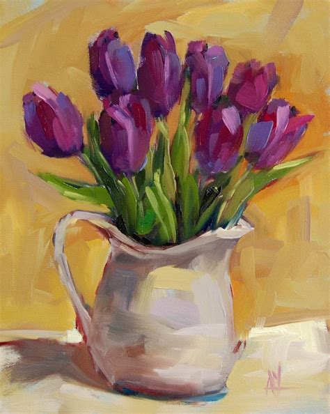 Reserved For Chris F Purple Tulips In Pitcher Original Still Life Floral Oil Painting By Angela