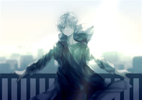 Download 1920x1080 Cool Anime Boy Hoodie White Hair Fence Cityscape