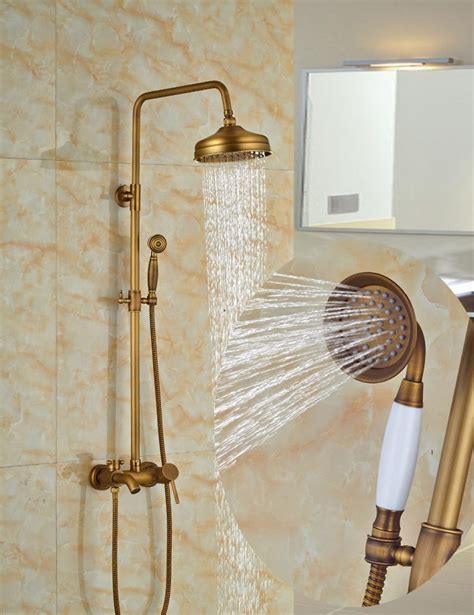 Nellie Antique Brass Shower Set With 8 Inch Antique Brass Rain Shower Head Handheld Shower Tub