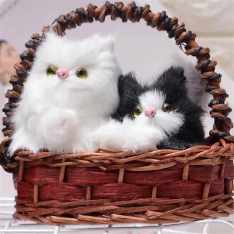 Basket Kittens Cats Plush Toy Simulation Double Cats Lover In Basket