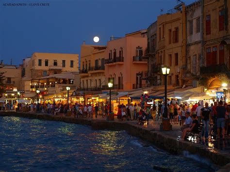 Xania Krhthchania Crete At Night By The Beach Tavernas And Shops