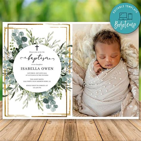 Editable Greenery Gold Baptism Invitation Template With Photo DIY