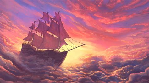 Ship Sailing On The Cloud 4k Wallpaper