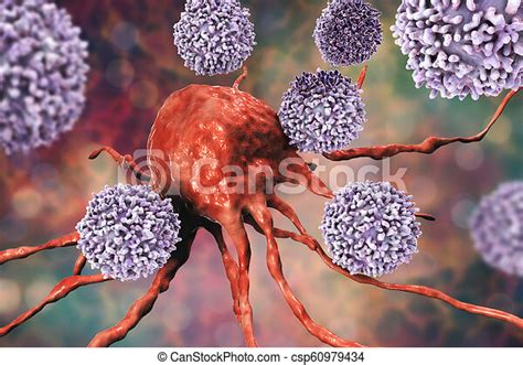 T Lymphocytes Attacking Cancer Cell 3d Illustration Anticancer