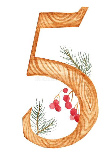 Cute Watercolor Illustration Wooden Number Five Decorated With Fir